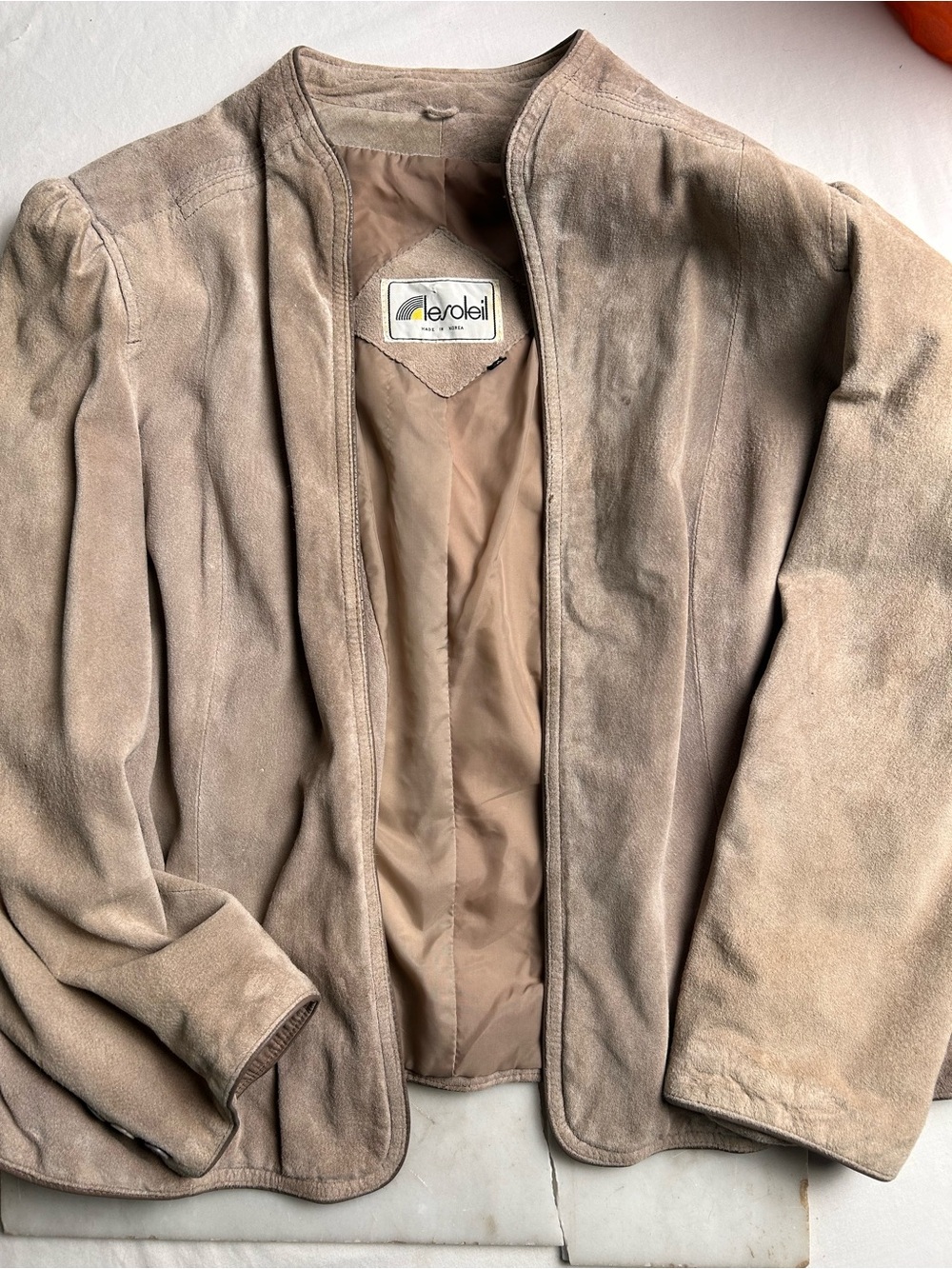 Lesoleil Taupe Suede Open Front Jacket 70s 80s vintage